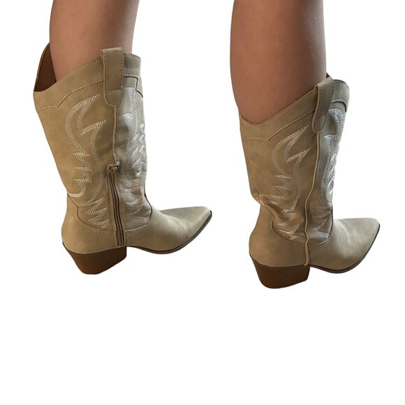 Tan Western Cowboy Boots Indigo Rd. Embroidered Mid-Calf Stacked Heel Womens 7M - Picture 7 of 15